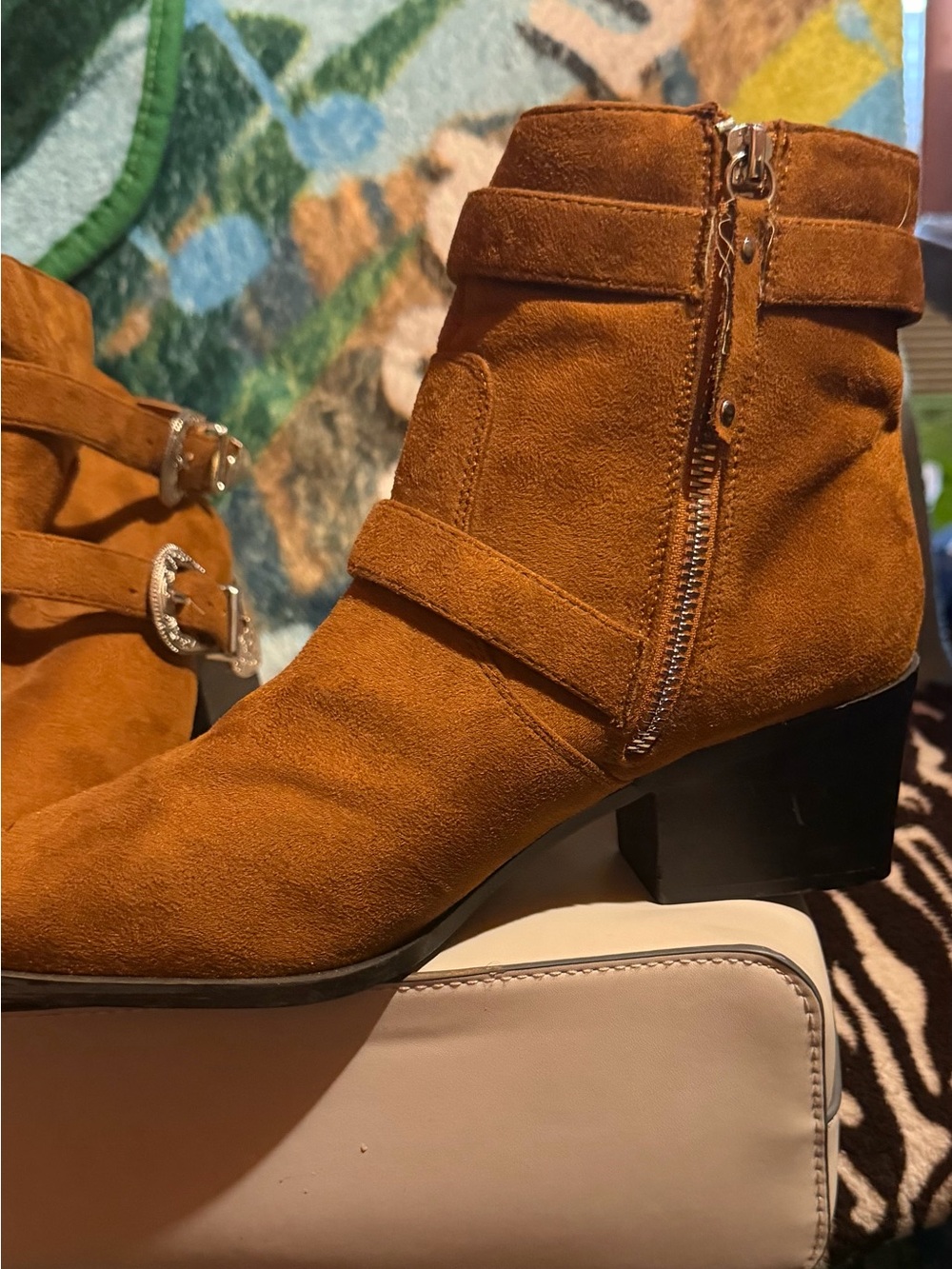 Women's Suede Ankle Boots in Cognac Brown - Zip & Strap Detail